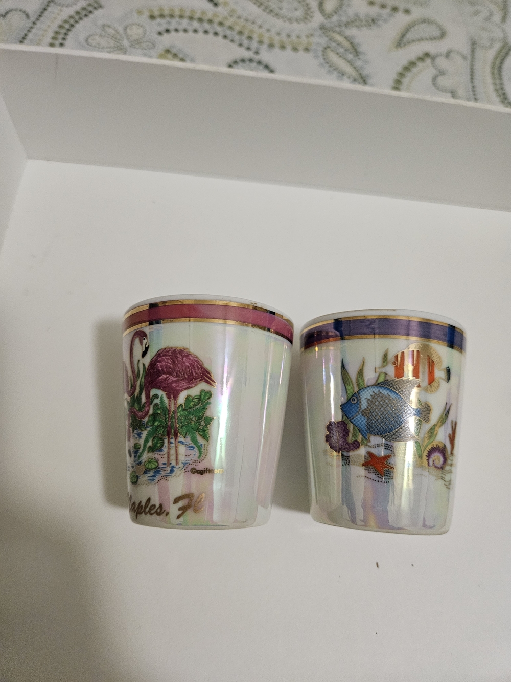 Iridescent Ceramic Shot Glasses with Flamingo and Tropical Fish